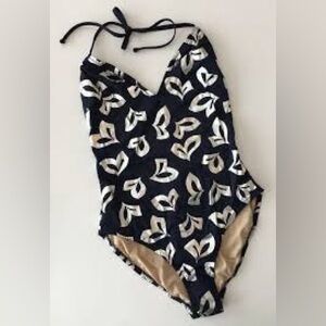 J.Crew J Crew 8 navy blue silver metallic hearts halter tie maillot swimsuit EUC